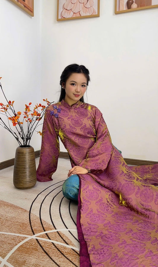 M271 2122 Áo + quần - Áo dài tằm ánh kim tencel dáng suông 4 tà thọ dơi kèm quần xanh dương