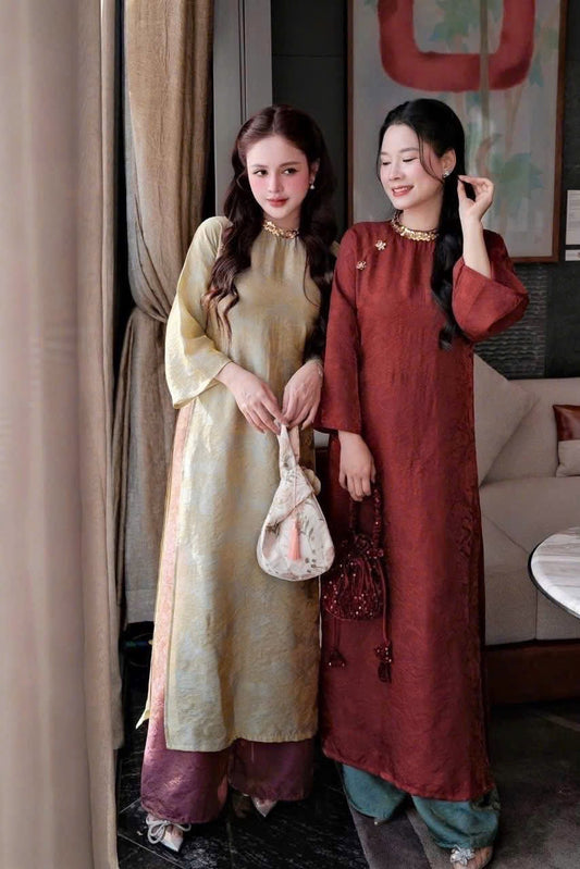 M289 2147 áo + quần tằm xanh - Áo dài dáng suông cách tân màu đỏ đô đính cổ