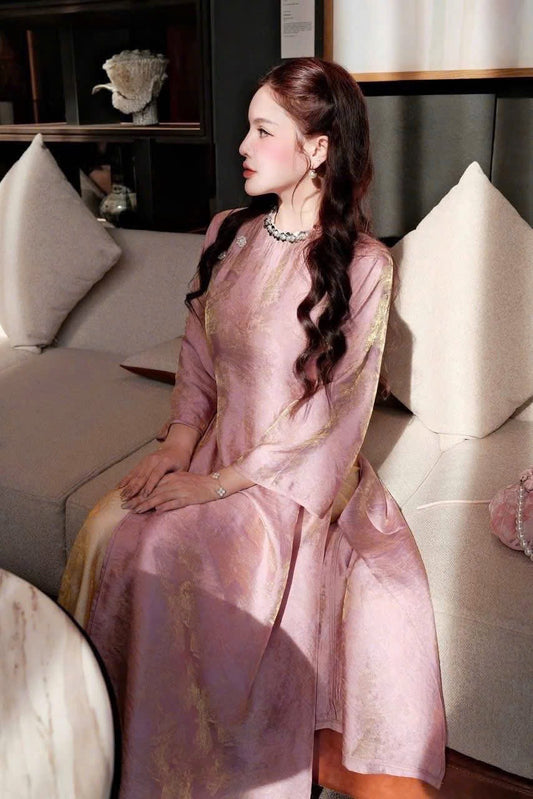 M290 2148 áo + quần tằm vàng - Áo dài dáng suông cách tân màu hồng đính cổ