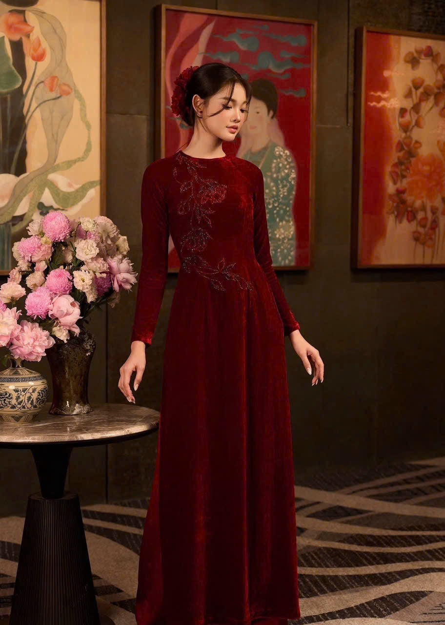 S251 2138 only áo - Áo dài nhung đỏ đính kết pha lê