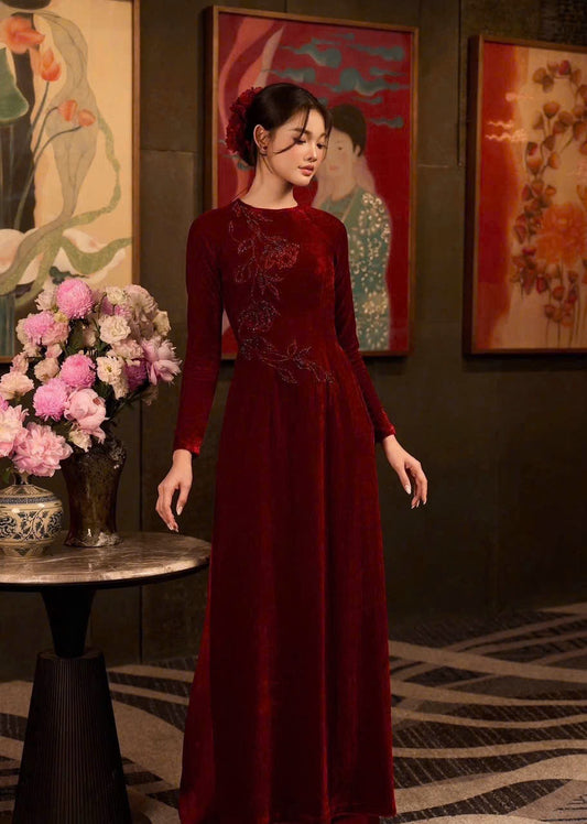 S251 2138 only áo - Áo dài nhung đỏ đính kết pha lê