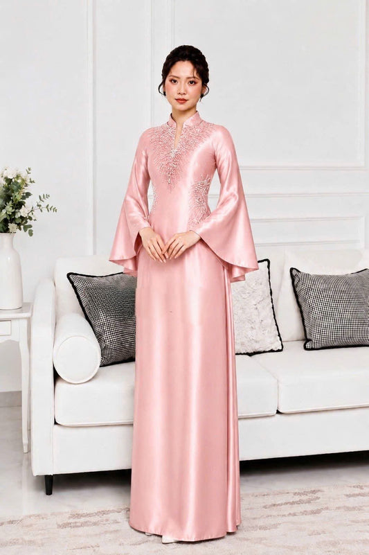 S340 4709 Áo only no pants - Áo dài dáng truyền thống chiết li eo đính kết lụa bảo ngọc màu hồng