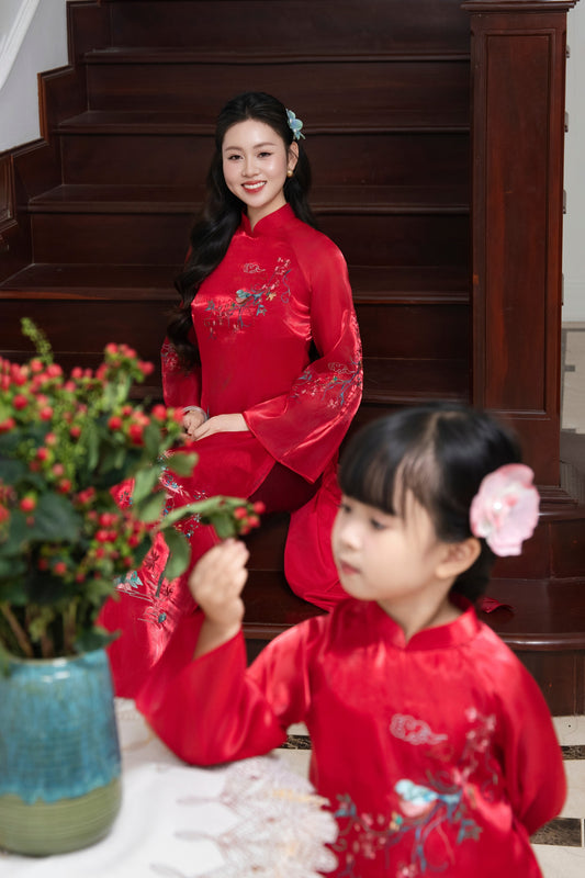 M355 2164 Áo + quần - Áo dài mẹ tơ thêu 4 tà chim đỏ
