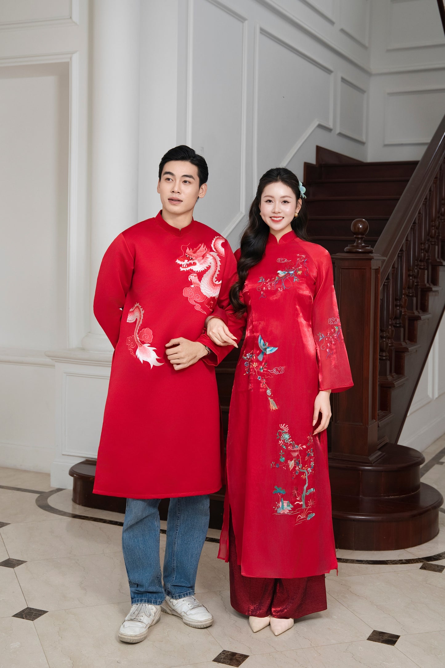 M355 2164 Áo + quần - Áo dài mẹ tơ thêu 4 tà chim đỏ