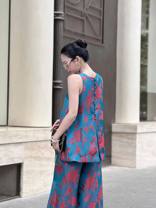 BB318 5756 - Set đồ bộ áo sát nách lụa silk óng màu xanh cổ vịt ánh đỏ