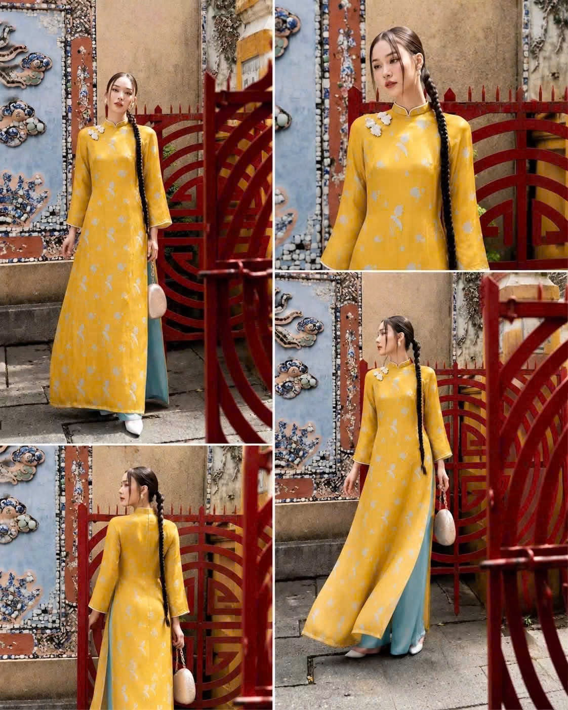 K226 5769 Áo only no pants - Áo dài dáng suông 2 tà lụa tằm sen dạ cúc màu vàng