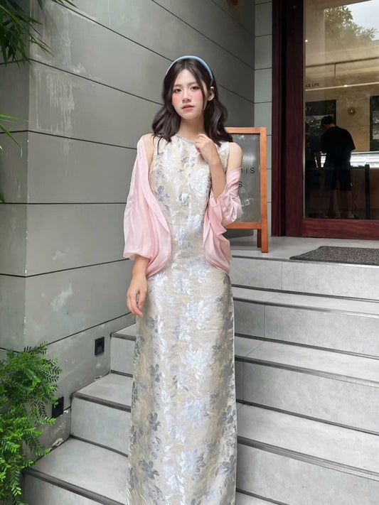 K234 - 5773 Đầm sát nách màu xám bạc lụa tằm