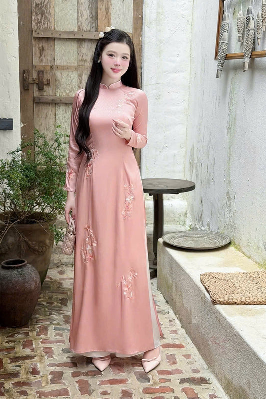 TN126 5780 Áo only no pants - Áo dài dáng truyền thống chiết li eo lụa vân gỗ thêu màu hồng đào