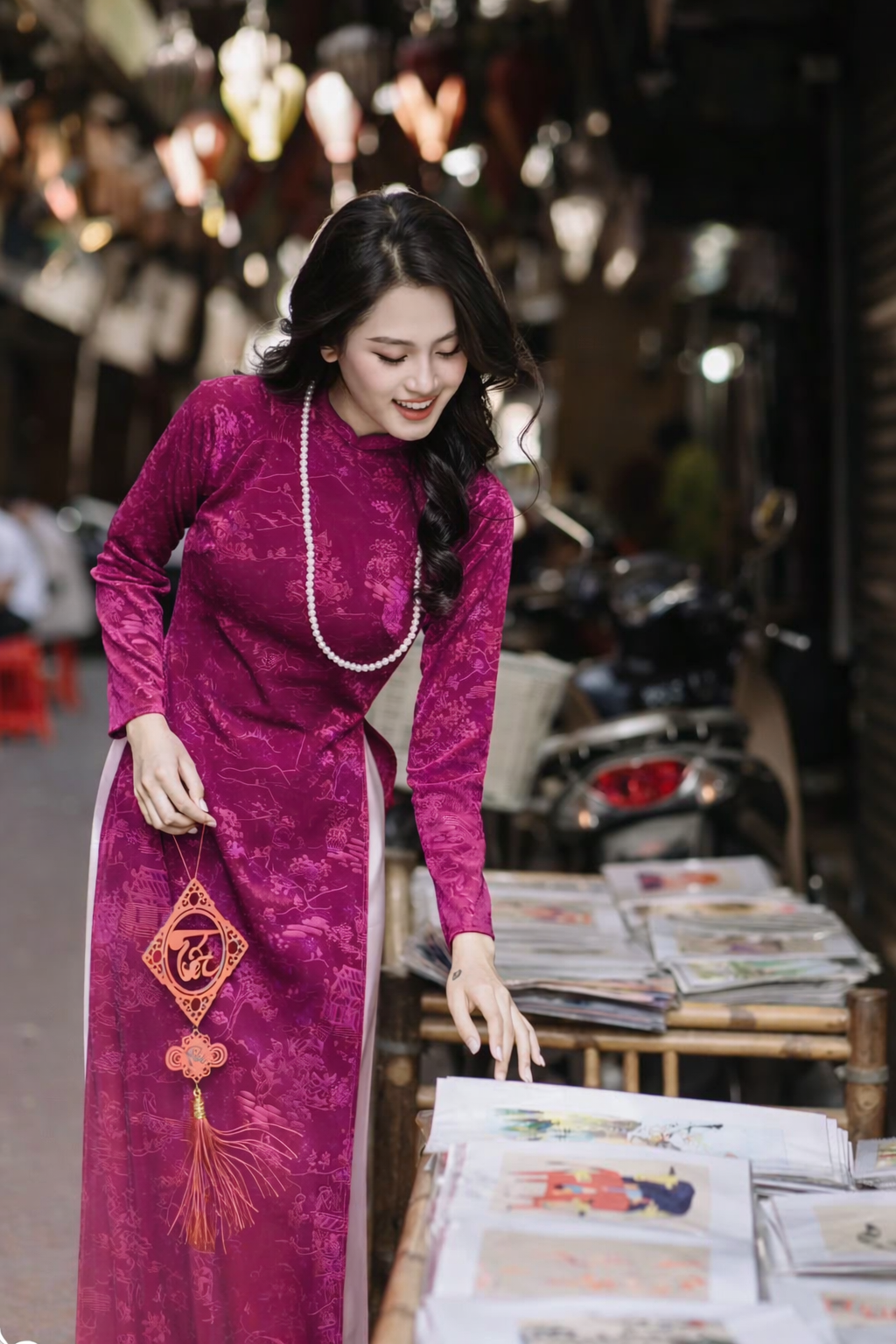 N62 2687 Only áo - Áo nhung hoa văn thủy mặc màu tím cẩm