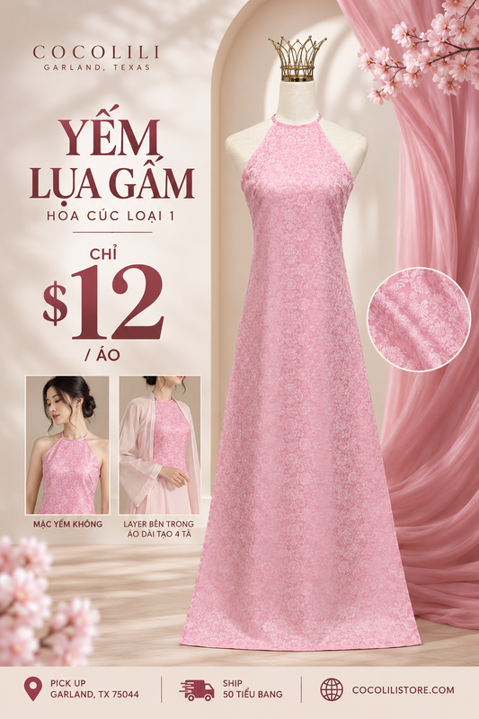 Y81 5633 Yếm only no pants - Áo dài dáng suông cổ yếm lụa gấm hoa cúc màu hồng phấn