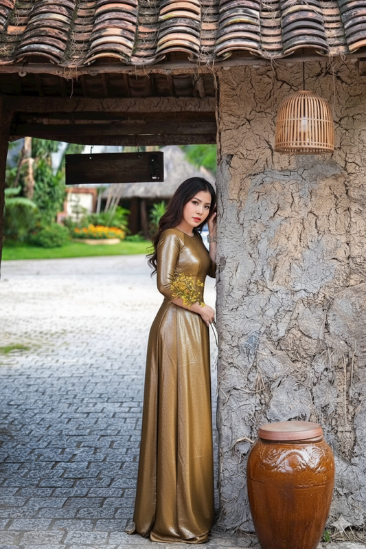 H125 Áo only - Áo dài lụa Hà lan màu oliu