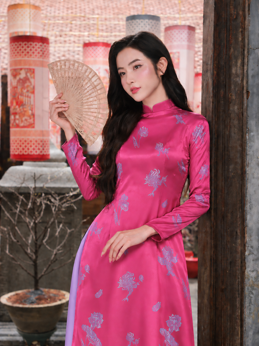 K257 Áo only no pants - Áo dài dáng truyền thống chiết eo lụa tằm sen dạ cúc