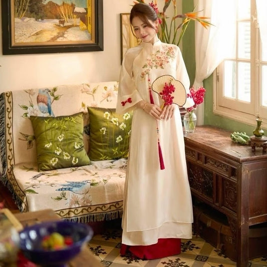 TA09 Áo only no pants - Áo dài tơ óng 4 tà thêu hoa