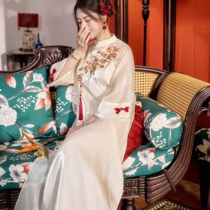 TA09 Áo only no pants - Áo dài tơ óng 4 tà thêu hoa