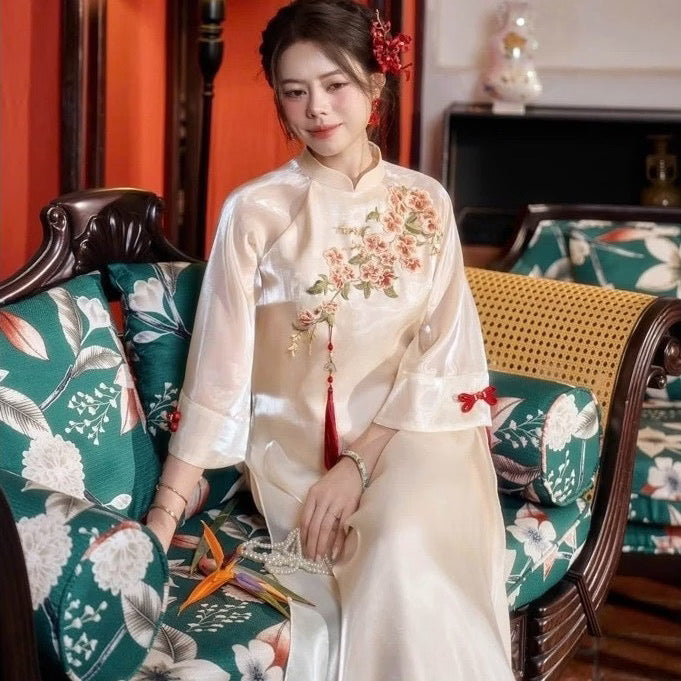 TA09 Áo only no pants - Áo dài tơ óng 4 tà thêu hoa