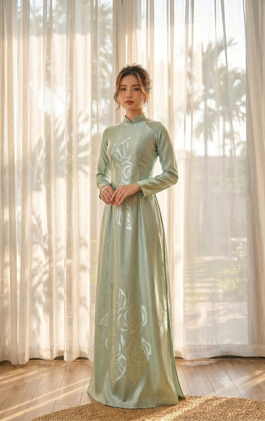 H782 4197 Áo only no pants - Áo dài lụa mã não 4D màu xanh nhạt