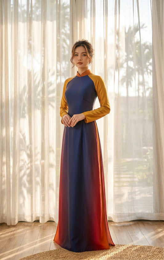 H774 4201 Áo only no pants - Áo dài lụa ánh sao màu loang