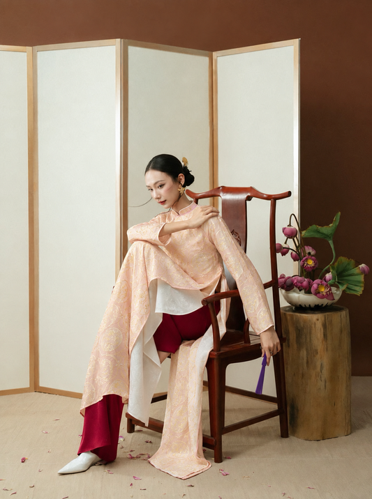K174 5656 Áo only no pants - Áo dài dáng suông 4 tà lụa tằm hoa thủy tiên