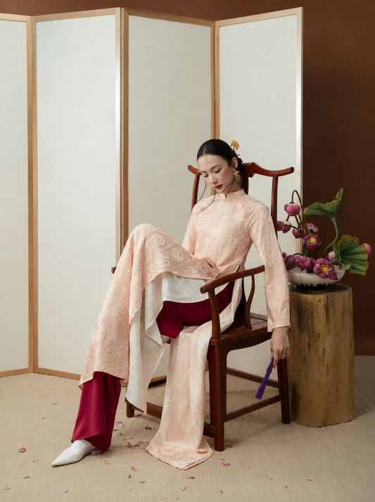 K174 5656 Áo only no pants - Áo dài dáng suông 4 tà lụa tằm hoa thủy tiên