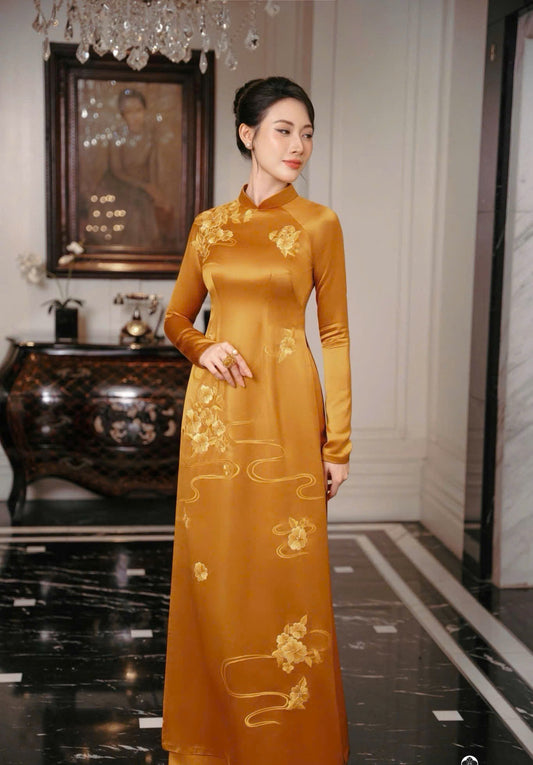 T498 - Áo dài Lụa Ruby vàng thêu hoa cao cấp