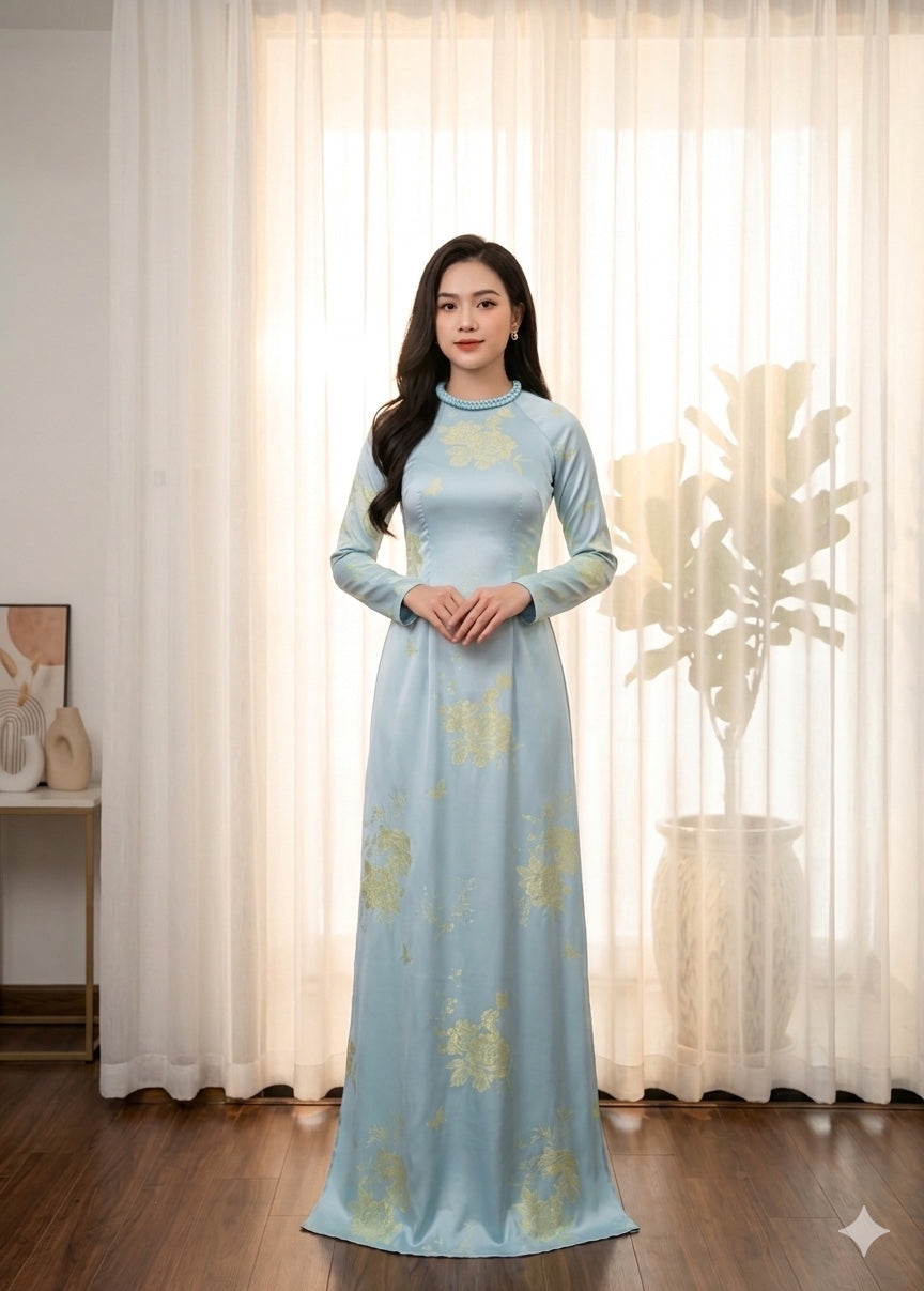 H732 4006 Áo only no pants - Áo dài dáng truyền thống chiết li eo màu xanh blue