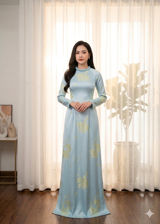 H732 4006 Áo only no pants - Áo dài dáng truyền thống chiết li eo màu xanh blue
