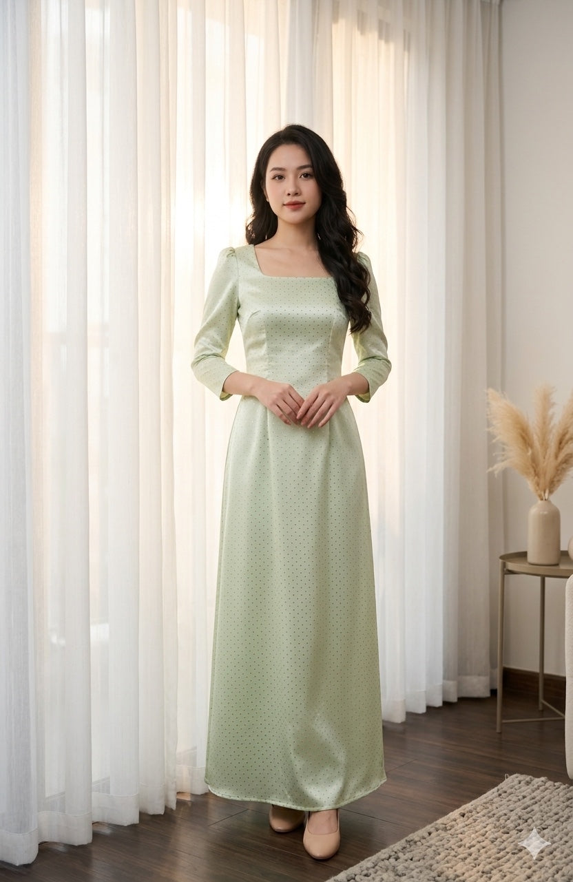 H741 4131 Áo only no pants - Áo dài dáng truyền thống chiết li eo chấm bi cổ vuông tay bồng