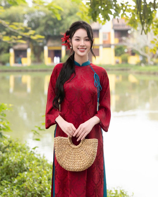 CT83 2261 áo + quần - Áo dài dáng suông lụa gấm thọ dơi đỏ đô cổ phối