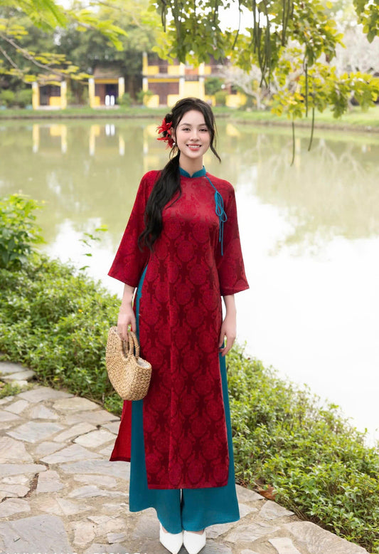 CT83 2261 áo + quần - Áo dài dáng suông lụa gấm thọ dơi đỏ đô cổ phối