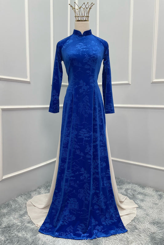 N63 Only áo - Áo nhung hoa văn thủy mặc màu xanh coban