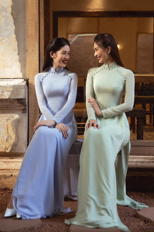 C20 Áo + quần - Áo dài chiffon 4 tà màu XANH BƠ đính cúc bọc