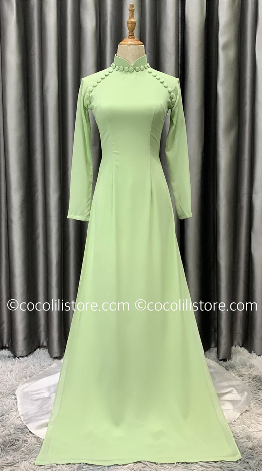 C20 Áo + quần - Áo dài chiffon 4 tà màu XANH BƠ đính cúc bọc