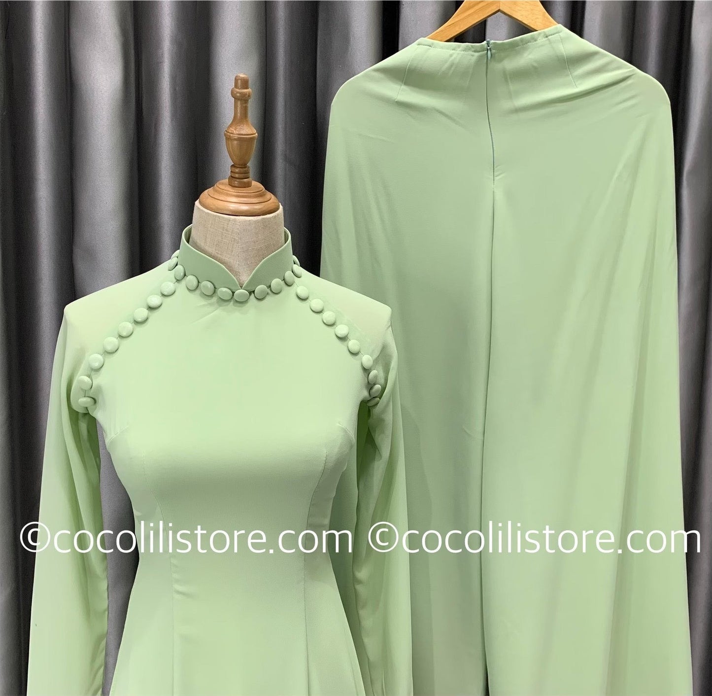 C20 Áo + quần - Áo dài chiffon 4 tà màu XANH BƠ đính cúc bọc