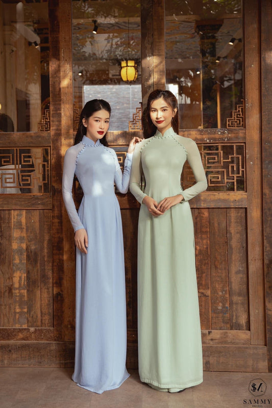 C22 Áo + quần - Áo dài chiffon 4 tà màu XANH DA TRỜI đính cúc bọc