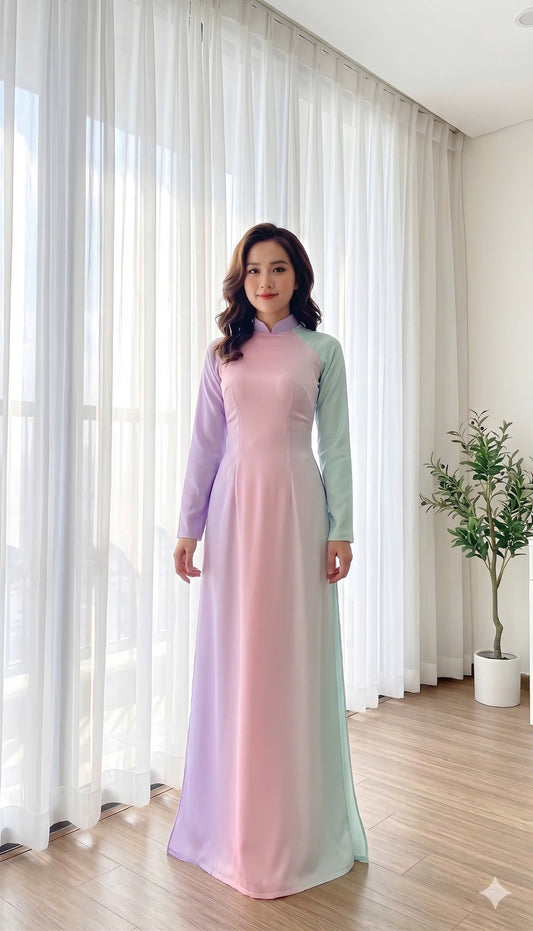 H801 4312 Áo only no pants - Áo dài truyền thống chiết li eo lụa ánh sao màu loang