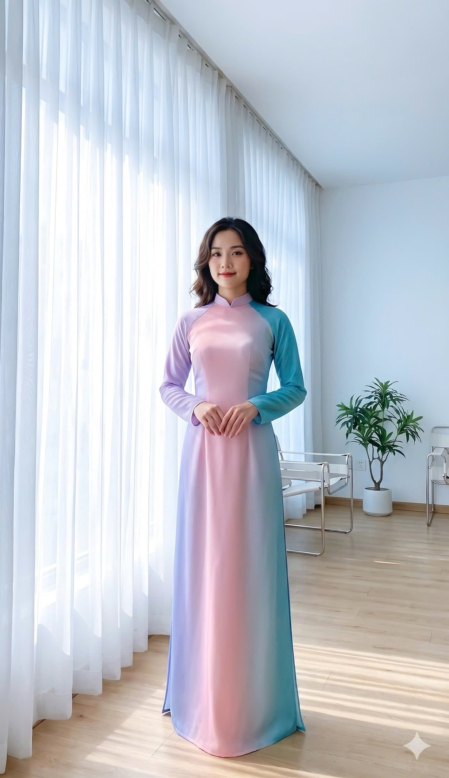 H801 4312 Áo only no pants - Áo dài truyền thống chiết li eo lụa ánh sao màu loang