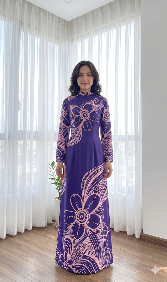 H805 4316 Áo only no pants - Áo dài truyền thống chiết li eo lụa ánh sao màu  tím