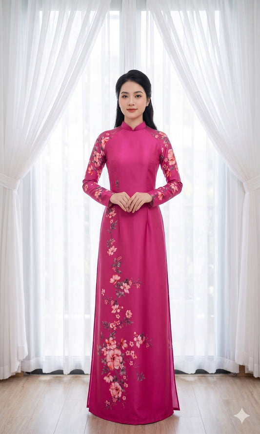 H809 4329 Áo only no pants - Áo dài truyền thống chiết li eo lụa ánh sao màu hồng sen