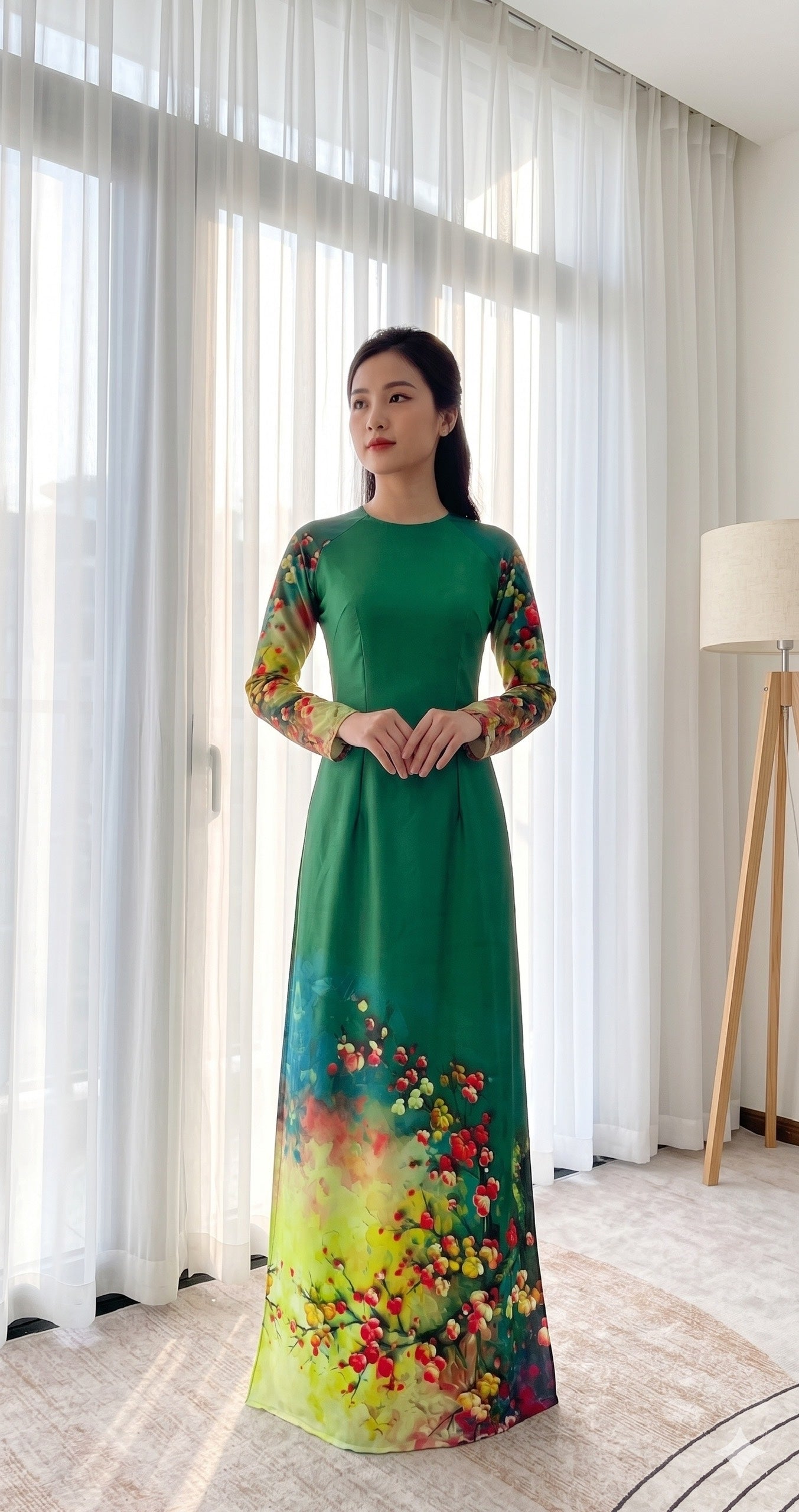 H808 4321 Áo only no pants - Áo dài truyền thống chiết li eo lụa ánh sao màu xanh lá