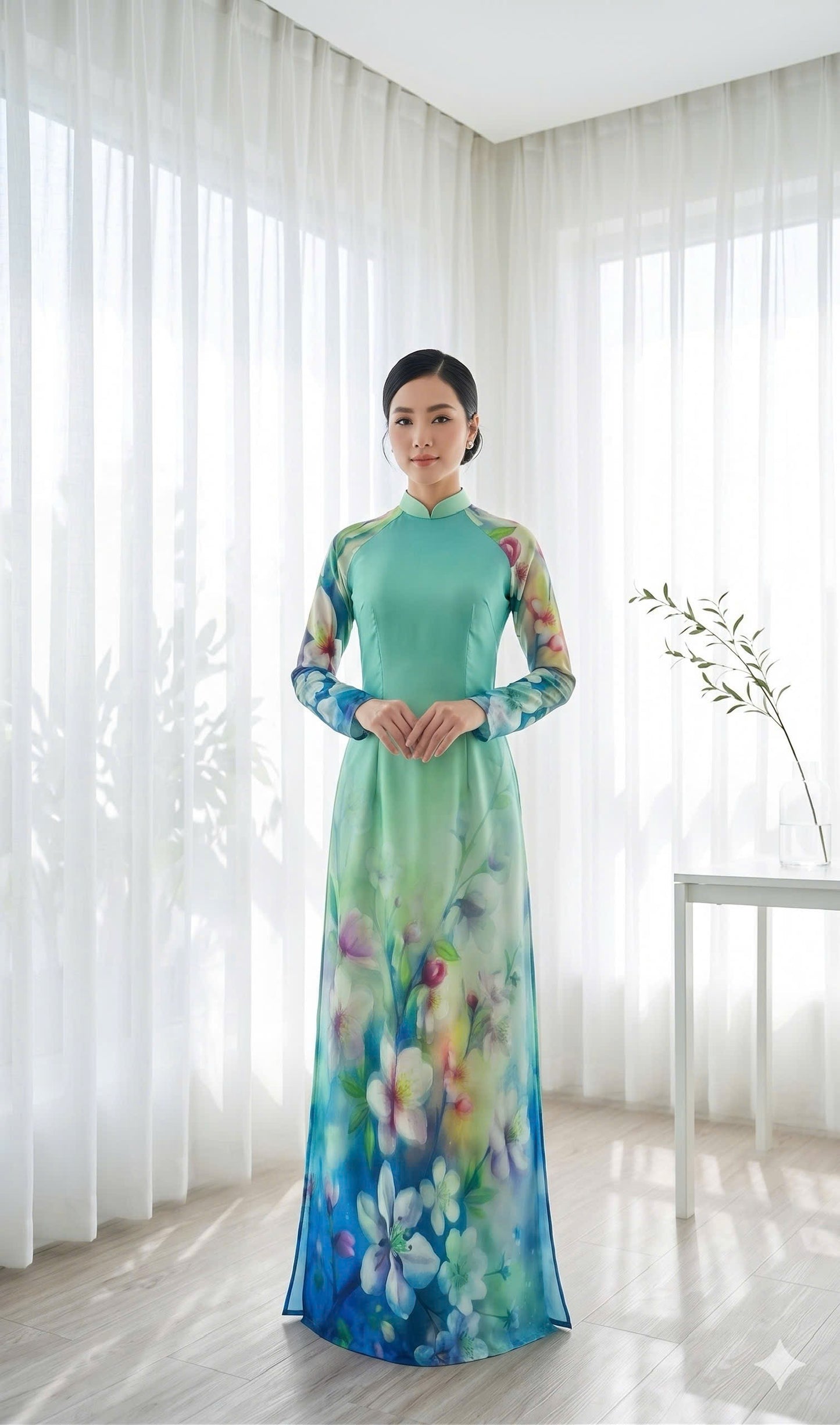 H804 4318 Áo only no pants - Áo dài truyền thống chiết li eo lụa ánh sao