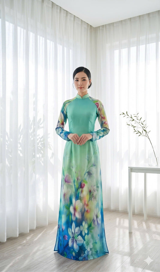 H804 4318 Áo only no pants - Áo dài truyền thống chiết li eo lụa ánh sao
