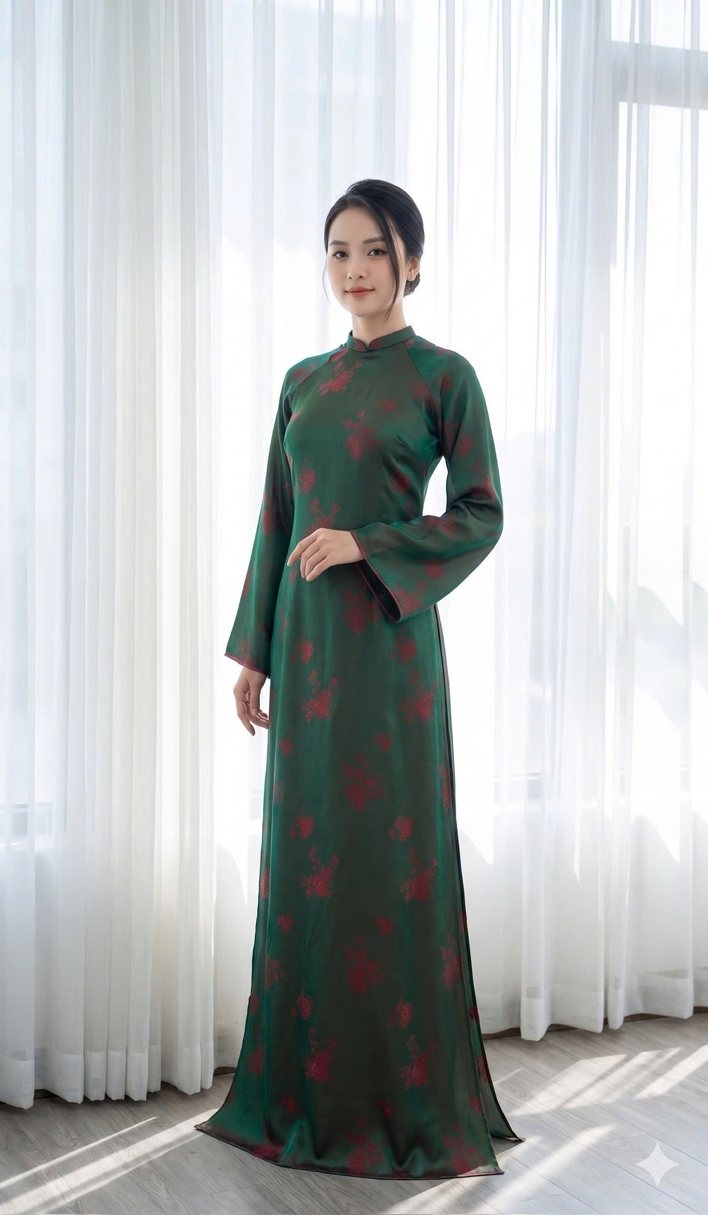 H799 4345 Áo only no pants - Áo dài dáng suông lụa 2 da tằm cúc màu xanh ánh đỏ