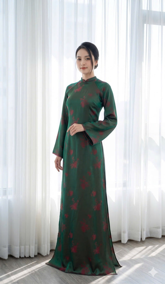 H799 4345 Áo only no pants - Áo dài dáng suông lụa 2 da tằm cúc màu xanh ánh đỏ