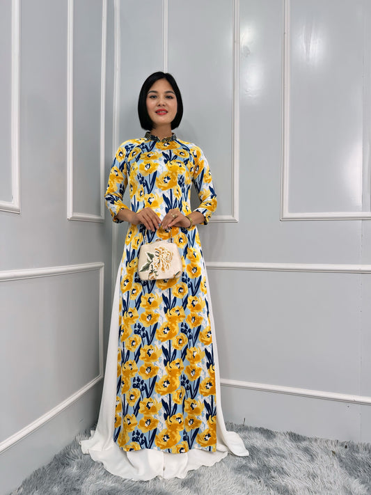 T281 Only áo - Áo dài lụa Latinh hoa đính kết cổ