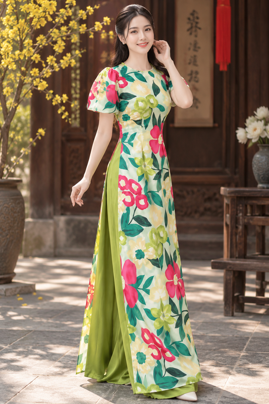 K292 Áo + quần - Áo dài dáng chiết eo tay bồng