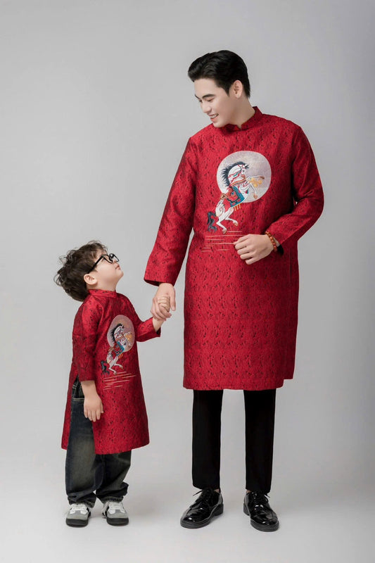 B118 1761 Áo only - Áo dài bố gấm thêu ngựa màu đỏ