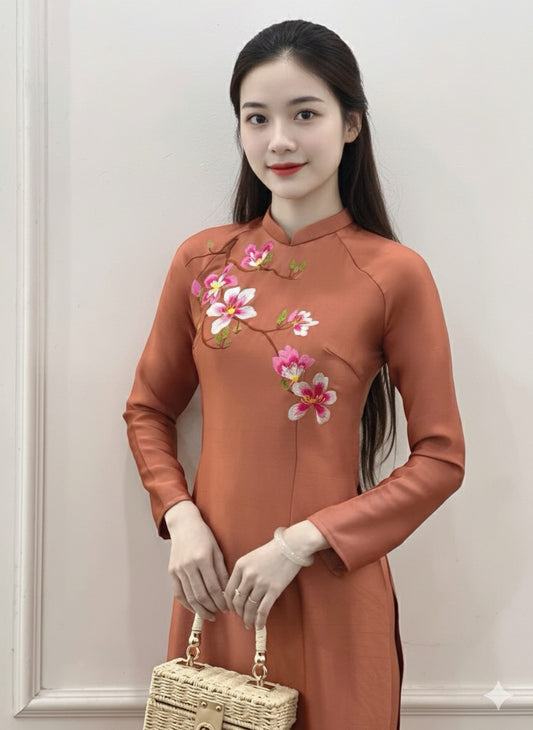 H123 - Áo dài Lụa Hà Lan thêu hoa màu nâu cam + quần cùng chất