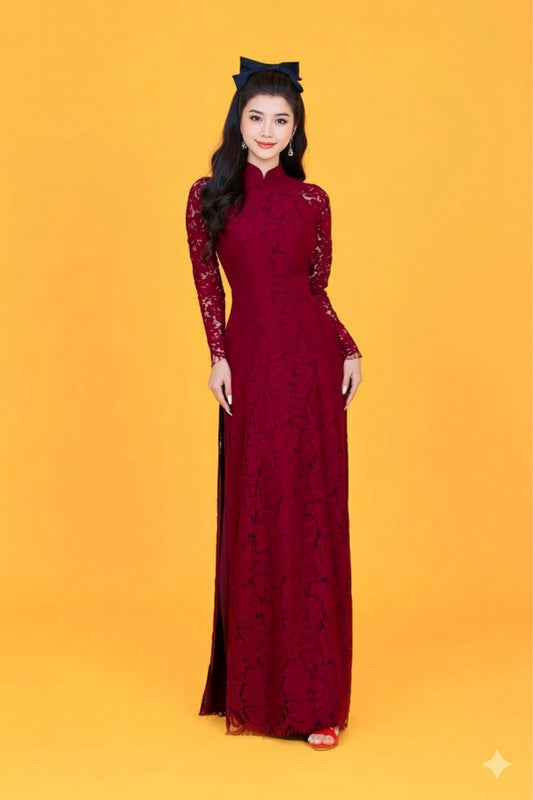 H158 Áo only - Áo dài ren 4 tà màu đỏ đô