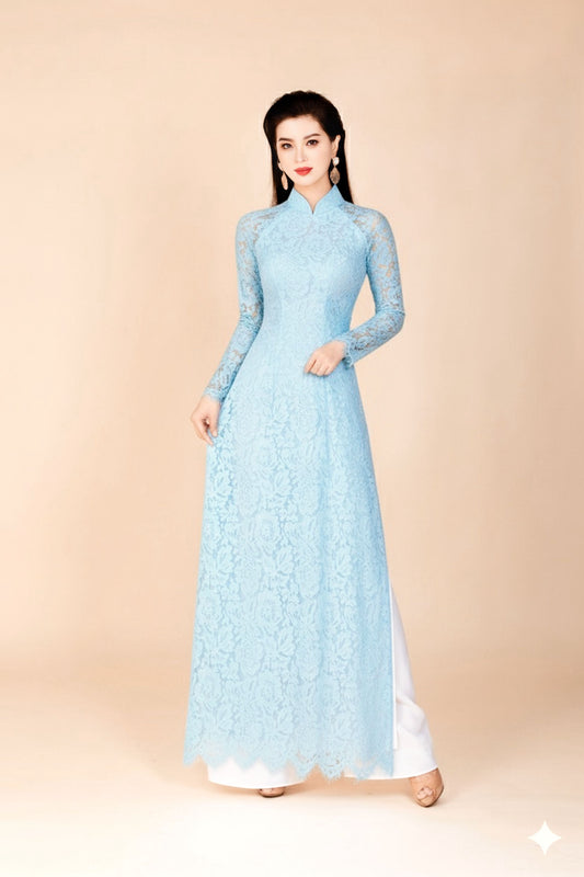 H157 Áo only - Áo dài ren 4 tà màu xanh da trời