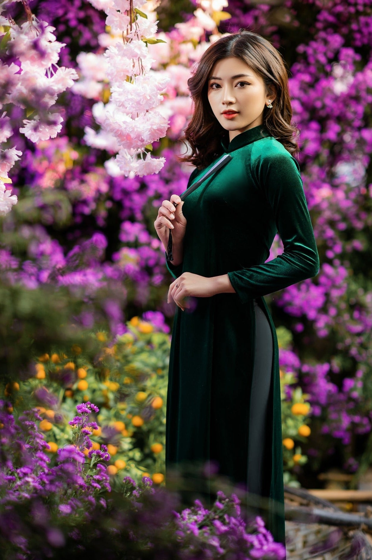 H444 1890 Áo only - Áo dài nhung trơn màu xanh lá đậm